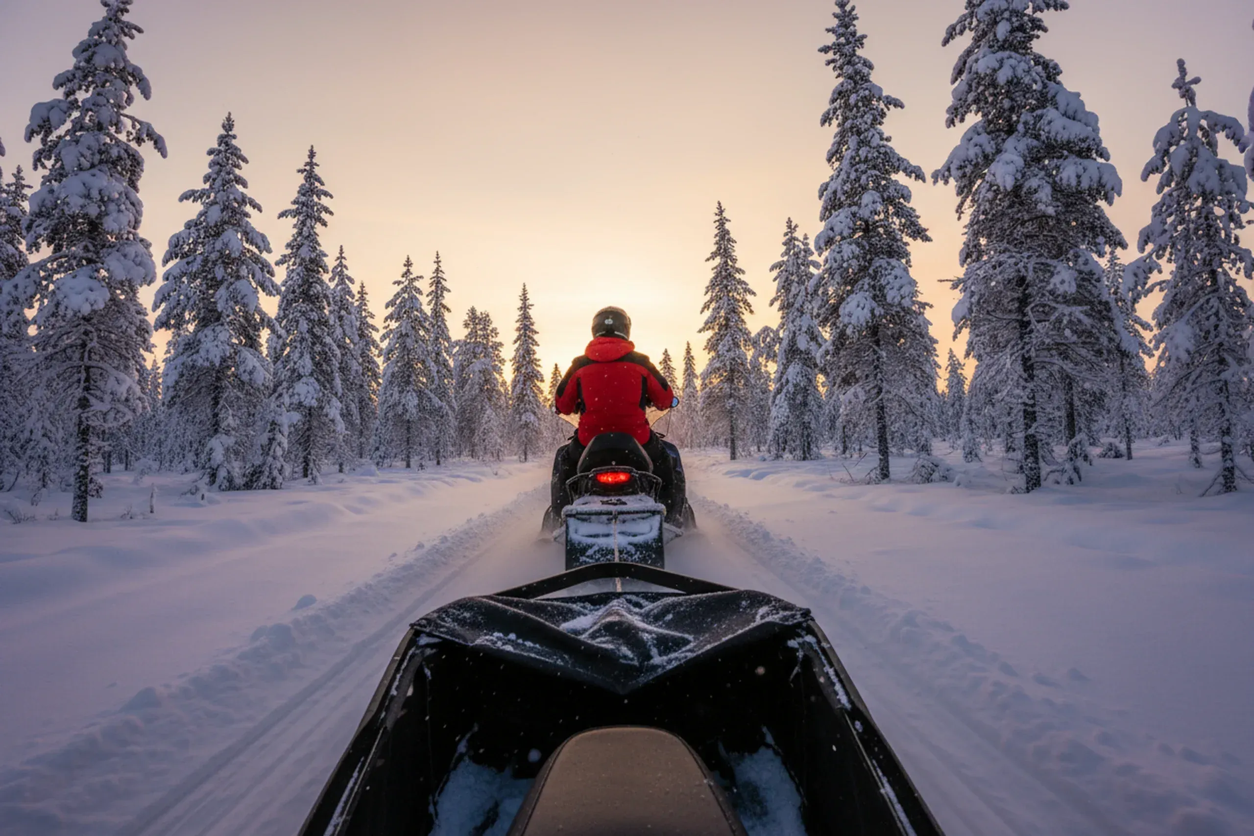The view from behind a snowmobile towing a sledge along a narrow forest track, the rider in a red jacket and helmet, low orange sun ahead between snow-laden spruces